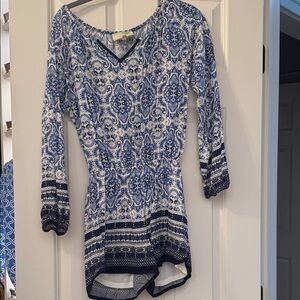 Anthropologie/ Elevenses Blue and White Patterned Jumpsuit